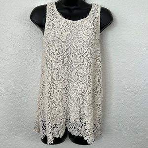 Lucky Brand Crochet Lace Sleeveless Top M Cream Lined festival feminine boho